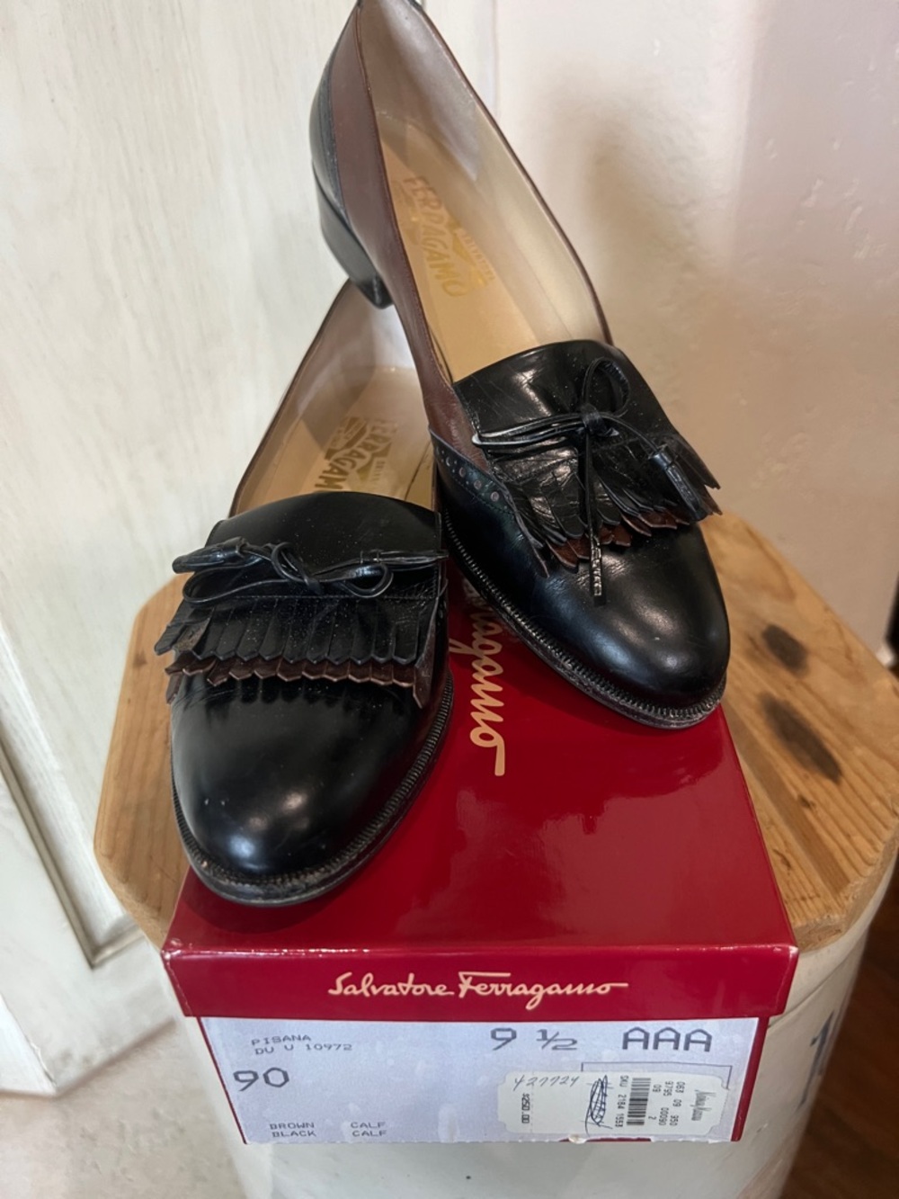 Salvatore Ferragamo Black and Brown Leather Tassel Loafers